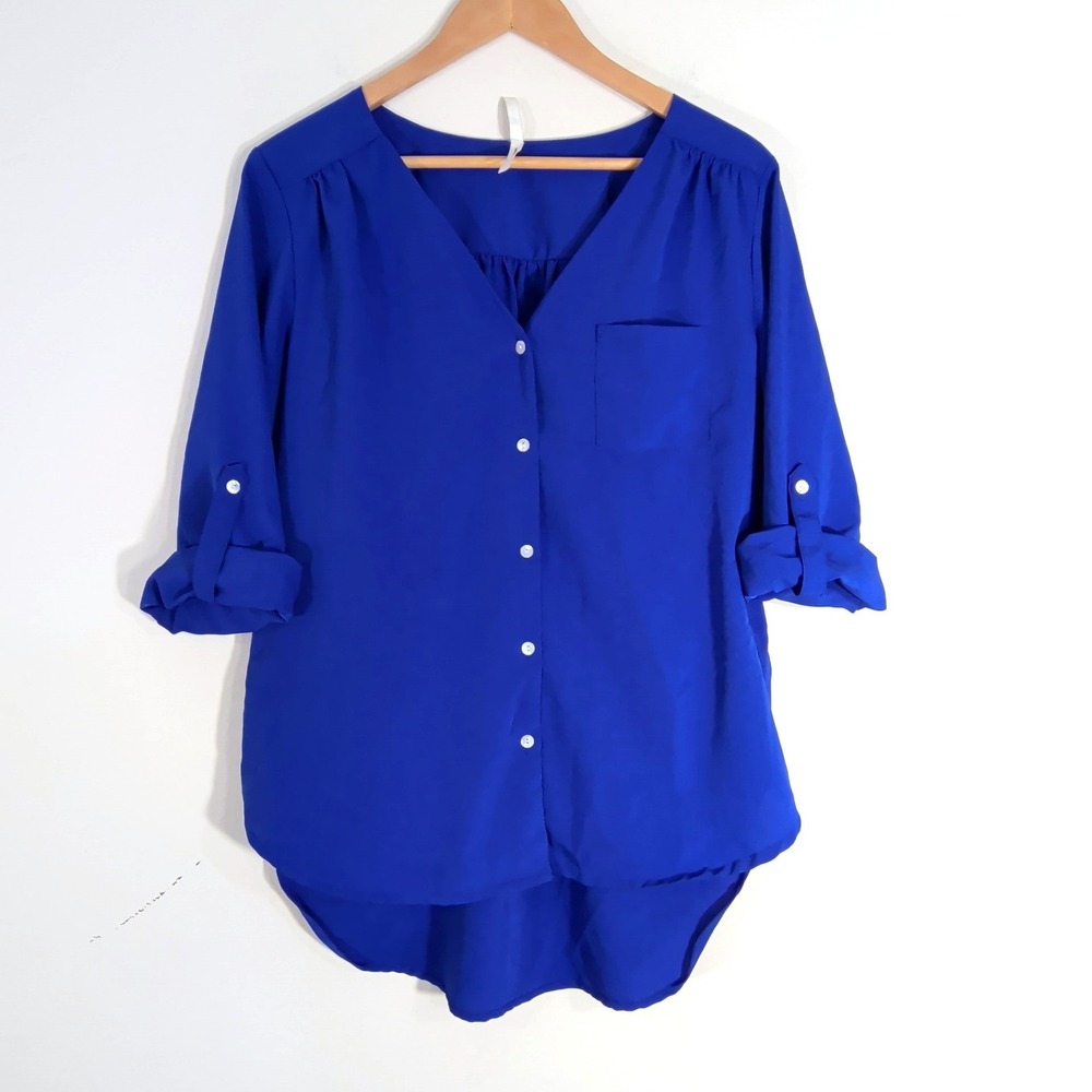 Truth NYC Blue Button Up Blouse; Roll Tab Sleeves, Hi-Low Hem, V-Neck